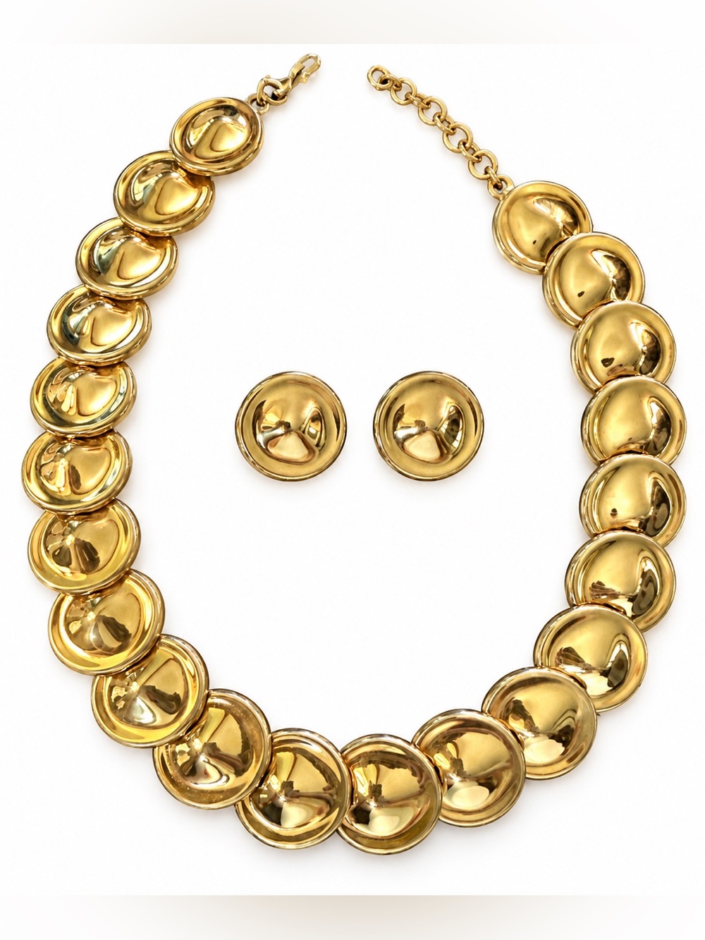 Vintage Monet Gold Tone Disc Statement Necklace & Earrings Set Signed 1980s